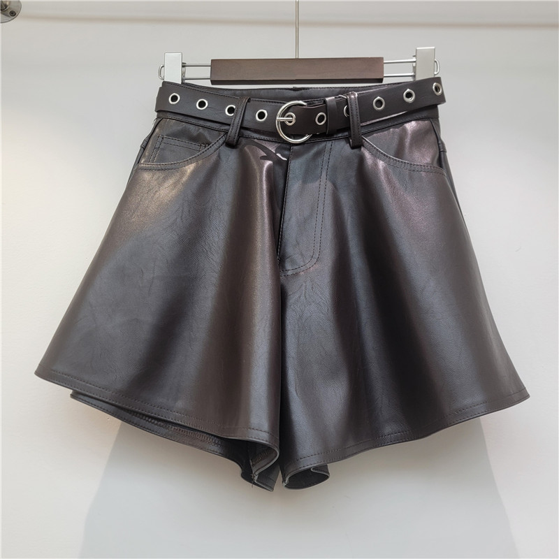 Pantalones Cortos de Cuero PU de Pierna Ancha para Otoño e Invierno