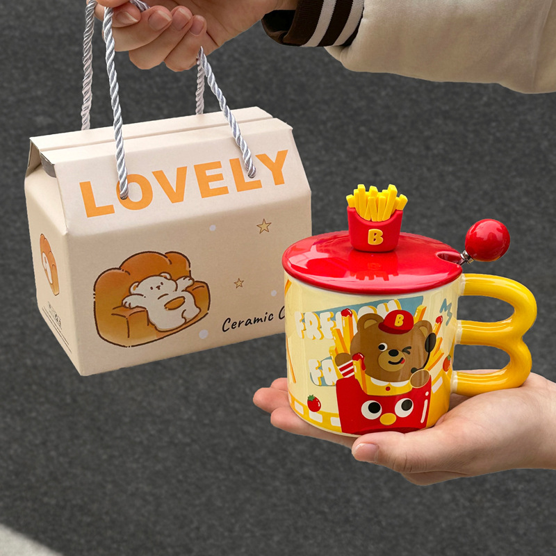 Oso de patatas fritas francesas (taza + tapa + cuchara + caja de regalo portátil)