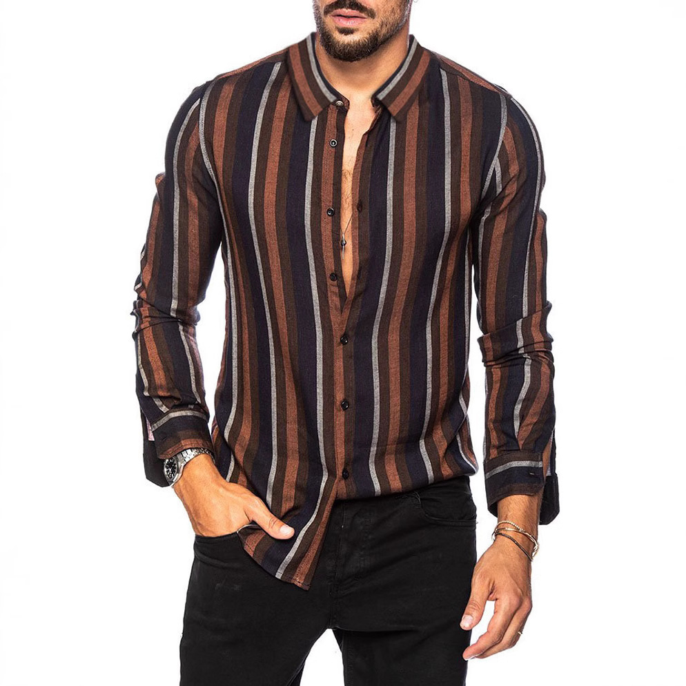 2023 camisa a rayas de los hombres de comercio exterior transfronterizo Top Delgado solapa multicolor camisa de manga larga casual tendencia de la moda