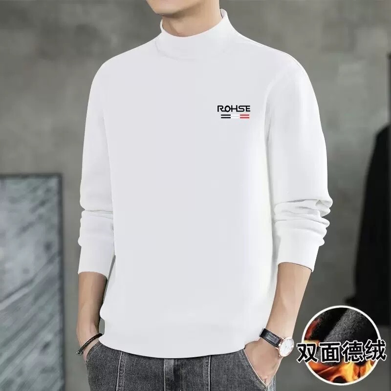 Half Turtleneck Bottoming Shirt Men's Mid-Collar Long-Sleeved T-Shirt Sweatshirt Brushed Autumn Coat Double-Sided Velvet Top Thermal Intimates