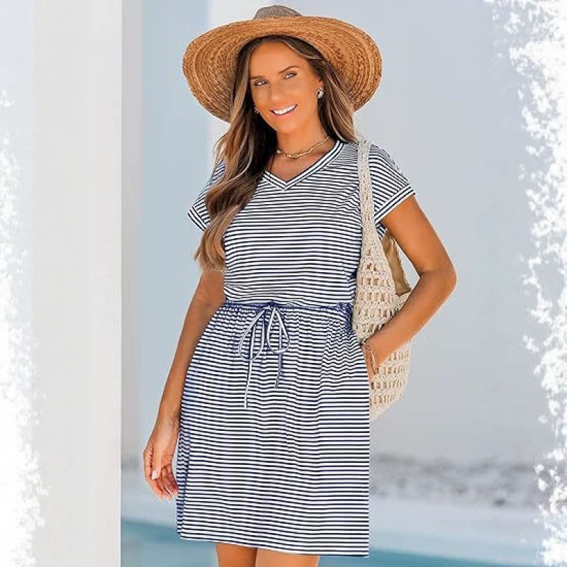 Cross-Border Amazon Cute Style 2026 Summer Short-Sleeve High-End Casual Versatile Drawstring Waist Striped Dress Cross-Border Amazon Cute Style 2026 Summer Short-Sleeve High-End Casual Versatile Drawstring Waist Striped Dress