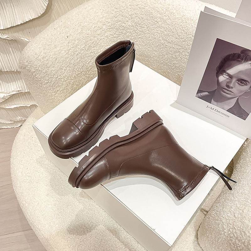 Genuine leather inner raised Martin 2024 new square toe heel thick sole elastic slim boots for women 33 small size_voghion.com