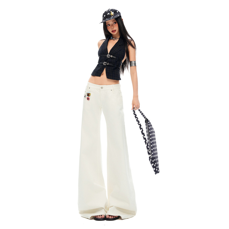 【Jin Yin】New American-Style Low-Waist Flared Pants in Off-White, Slimming and Floor-Length Jeans for Women, Versatile for Everyday Wear