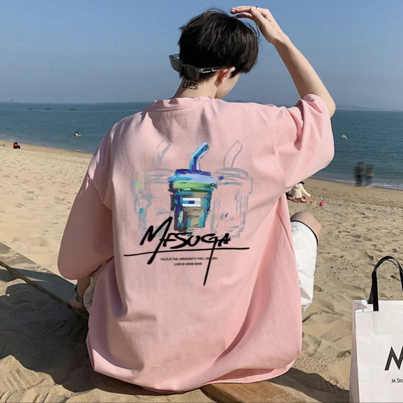 American Large Size High Street Summer New Korean Style Short-Sleeved T-Shirt Men's Round Neck Casual 100% Cotton Versatile Top