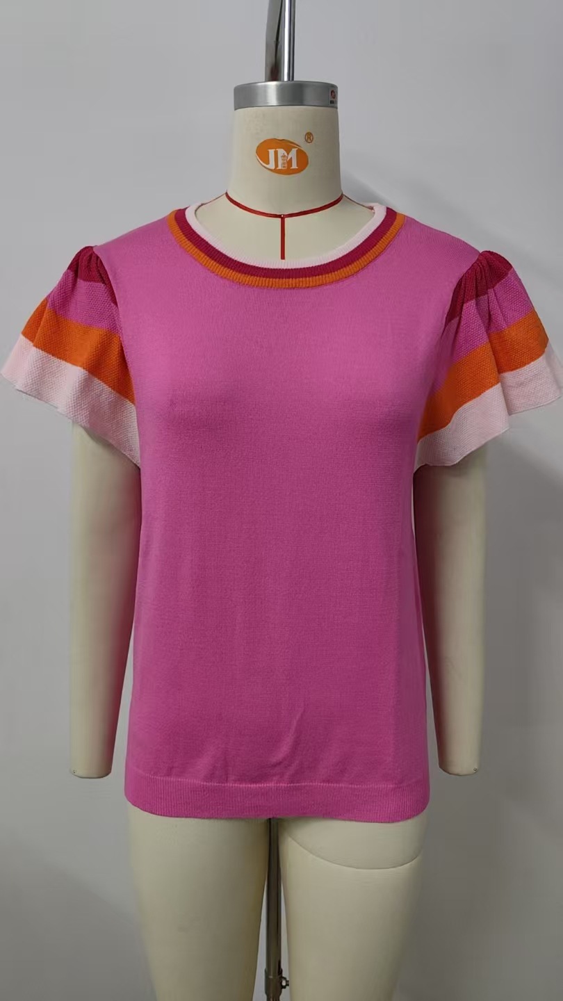 Women Clothing Summer Pullover round Neck Knitted Top Sweater with Short Sleeves