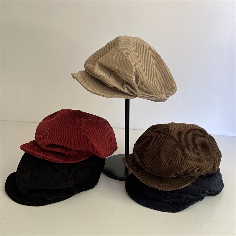 Japanese-Style Corduroy Tilted Newsboy Cap New Elastic Design Beret Simple Solid Color Autumn and Winter New Painter's Hat