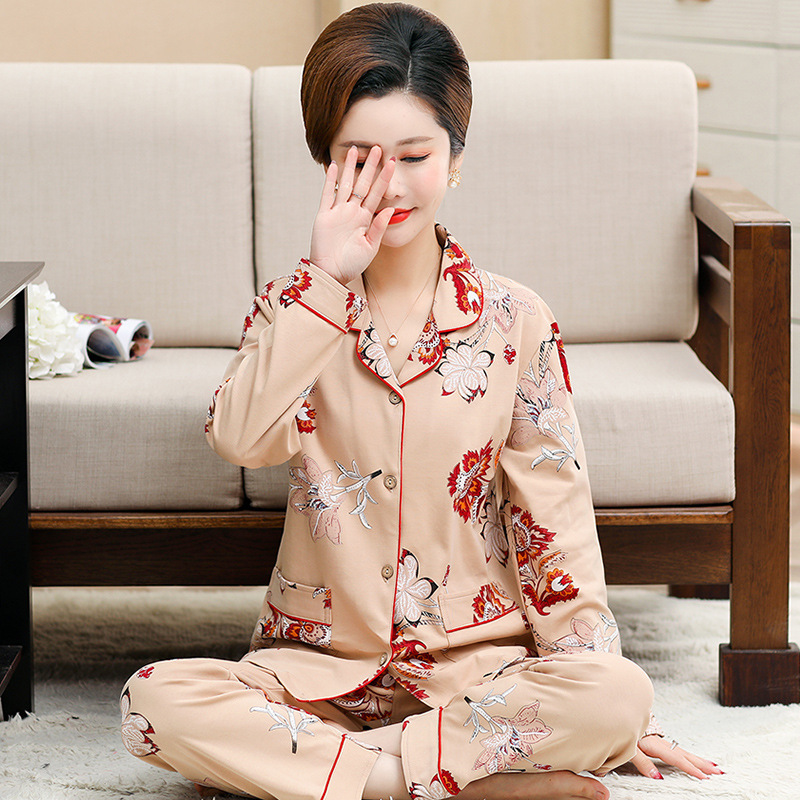 Pijamas para mujer Primavera Otoño Invierno 100% algodón de manga larga Otoño de mediana edad más tamaño madre desgaste del hogar traje