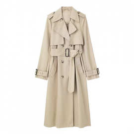 ZA跨境外贸女装秋季中长款垂感休闲卡其色双排扣气质优雅风衣外套