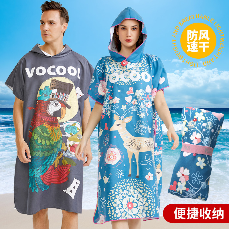 Absorbent quick-drying printed hooded cloak swimming diving changing bathrobe hooded adult beach towel bath towel cloak