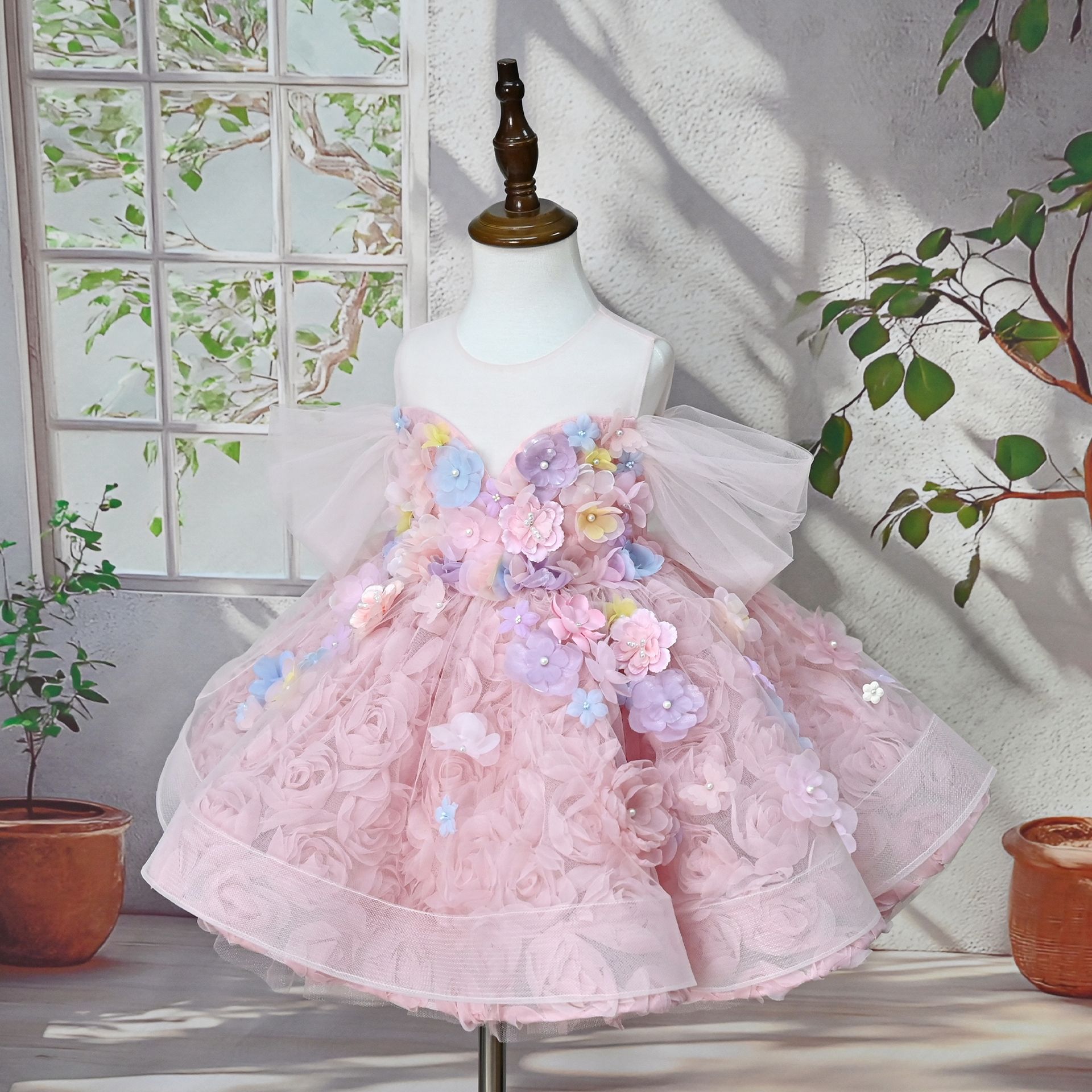 Mädchenkleid im französischen Stil mit Blumenmuster aus Baumwoll-Polyester-Mischgewebe, ideal für kleine Gastgeberinnen, Laufstegauftritte, Klavierkonzerte, Geburtstage und als Prinzessinnen-Outfit_voghion.com