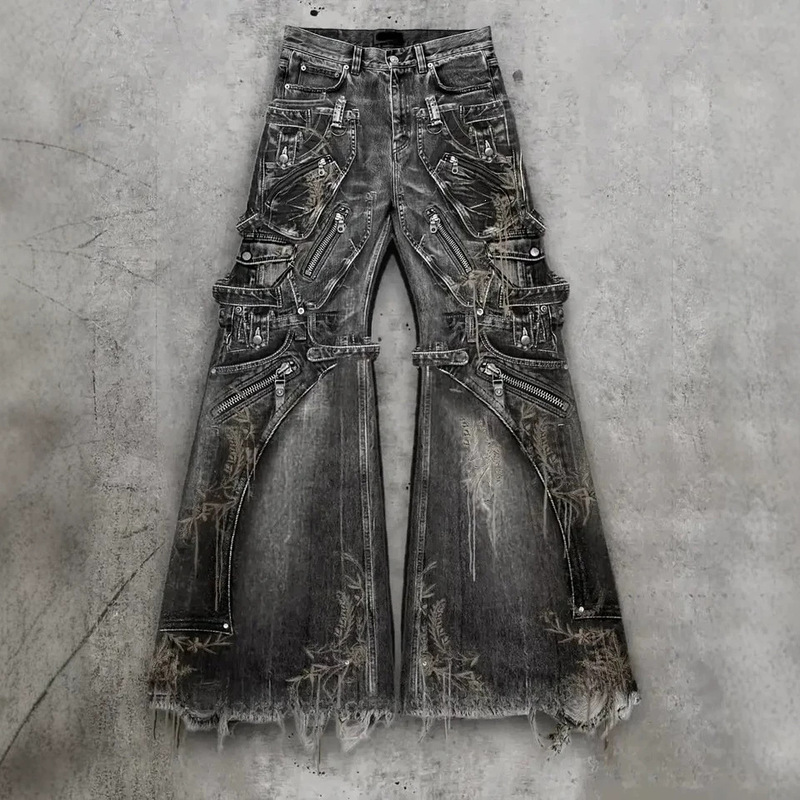 Streetwear Gothic Punk Multi-Pocket Cargo Jeans Men's Black Distressed Flared Jeans with Zipper