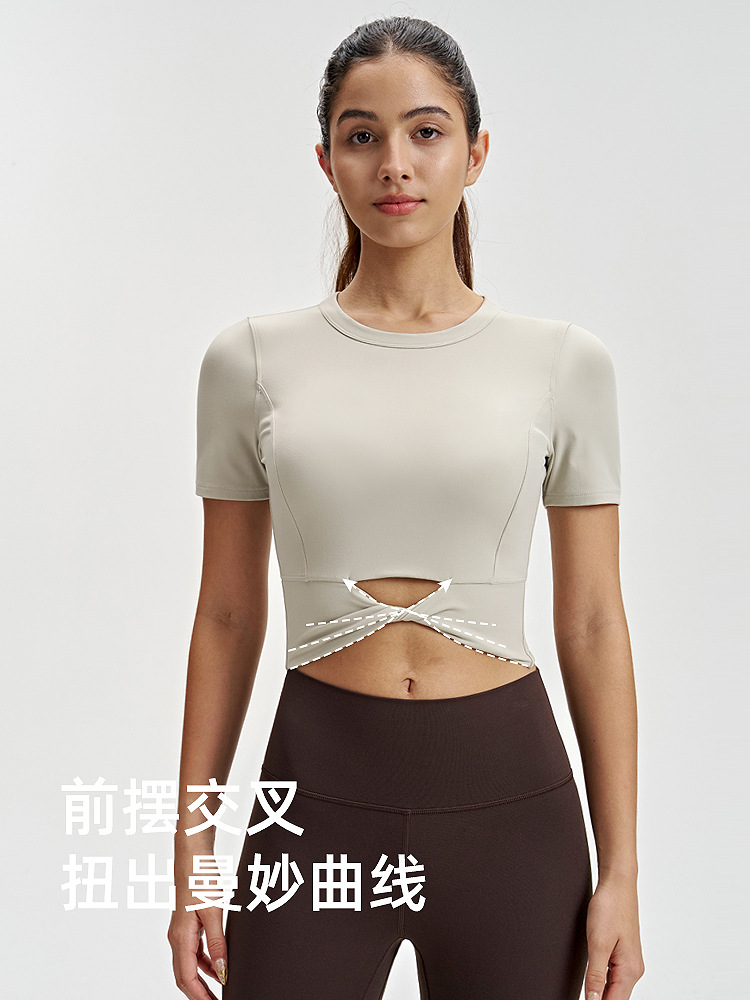 Camiseta de yoga delgada para mujer lulu dobladillo corto torcedura de manga corta sudadera de alto elástico con cordón umbilical top de ropa de fitness