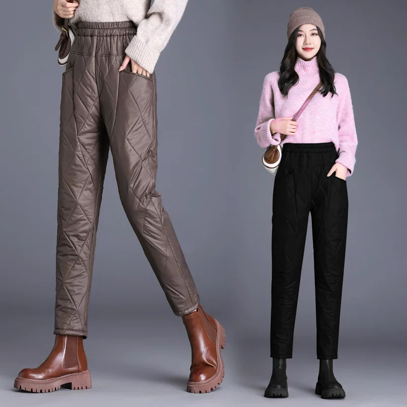 Women’s demi‑season quilted trousers, loose straight fit, lightweight warm, black/khaki, M–4XL