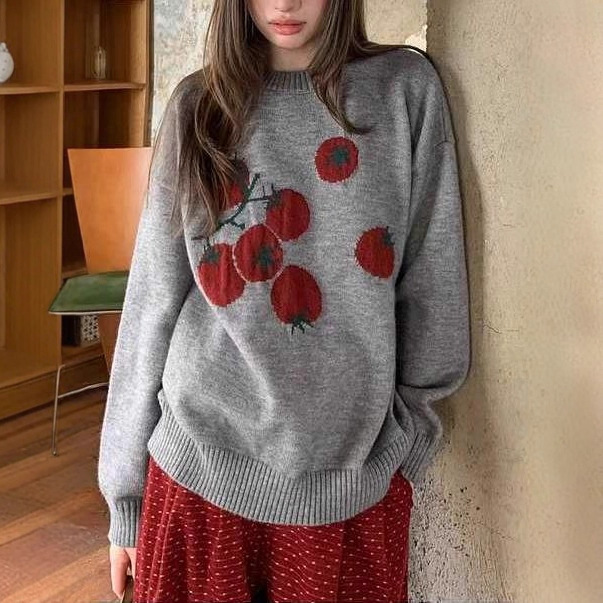 2025 suave tomate nuevo Jacquard de cuello redondo suéter de punto otoño y invierno coreano casual suave blusa de moda image 3
