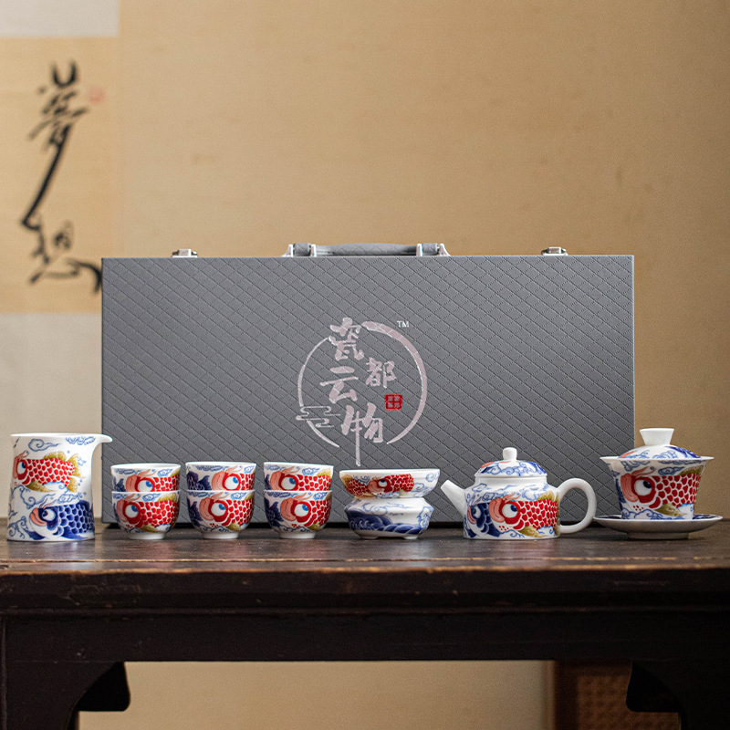 龙鱼功夫茶具套装中式陶瓷盖碗茶杯茶壶家用泡茶器公司伴手礼轻奢