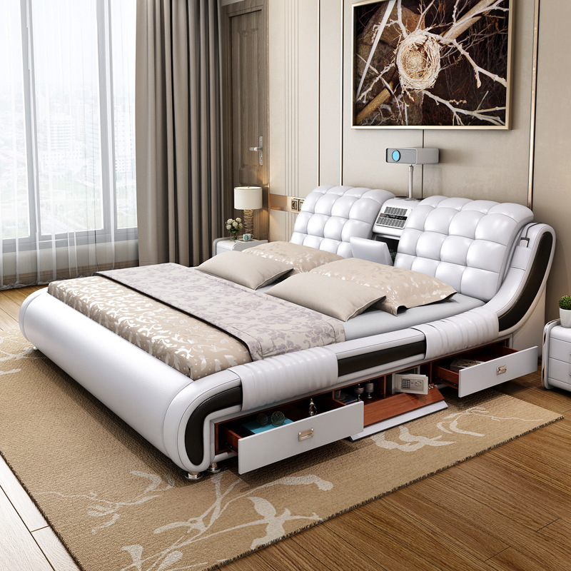Cama multifuncional de cuero genuino, moderna y sencilla, con tapicería suave y función de masaje, adecuada para dormitorio principal, cama doble con almacenamiento de 1,8 metros. image 3