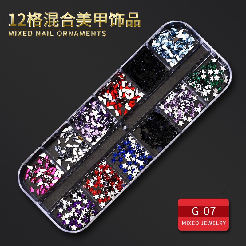 Juego completo transfronterizo de 12 compartimientos de remaches de metal, diamantes de imitación, Xingyue, piezas de concha de diamantes, accesorios para uñas, adornos para uñas