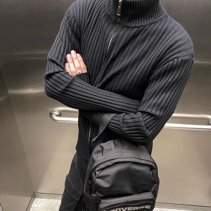 Korean Style Men's Relaxed Double Zipper Turtleneck Cardigan Sweater Autumn and Winter Versatile Lazy Style Soft Waxy Sweater Jacket