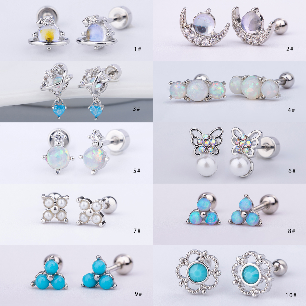316L钛钢镀金欧泊耳骨钉AB炫彩拼色澳宝耳饰月光石耳饰耳钉耳骨钉