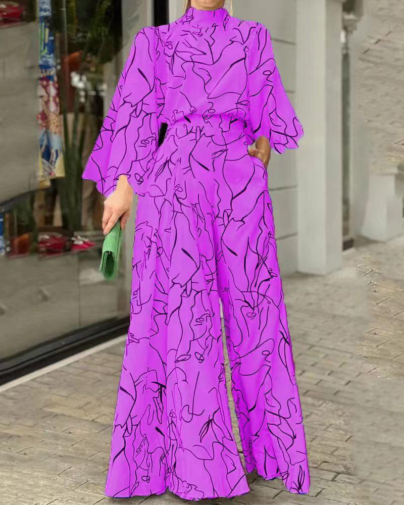 2022 verano europeo y americano ropa de mujer Amazon elegante cintura con cordones de manga larga Halter pantalones impresos mono