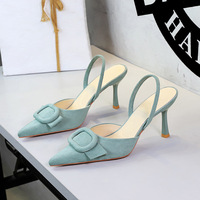 9627-K222 French style belt buckle decoration pointed shallow mouth suede fine high heels with a rear hanging strap fashionable women's shoes