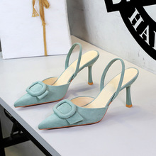 9627-K222 French style belt buckle decoration pointed shallow mouth suede fine high heels with a rear hanging strap fashionable women's shoes
