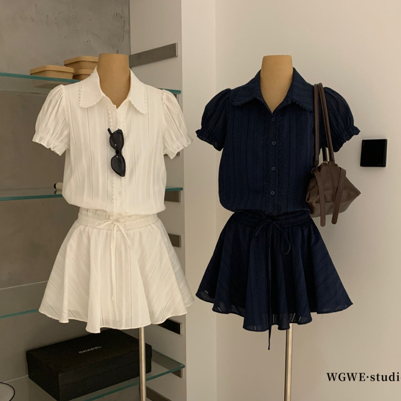 Wgwe8970 Guangzhou Shisanxing Women's Summer New Lace Polo Collar Shirt Drawstring Waist Dress Trendy