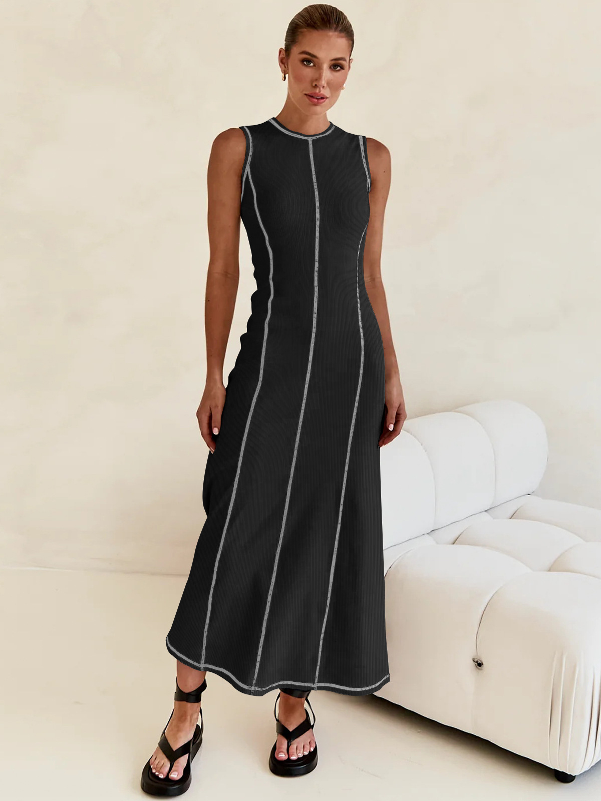 Women's Sheath Dress Streetwear Round Neck Sleeveless Stripe Solid Color Maxi Long Dress Daily display picture 17