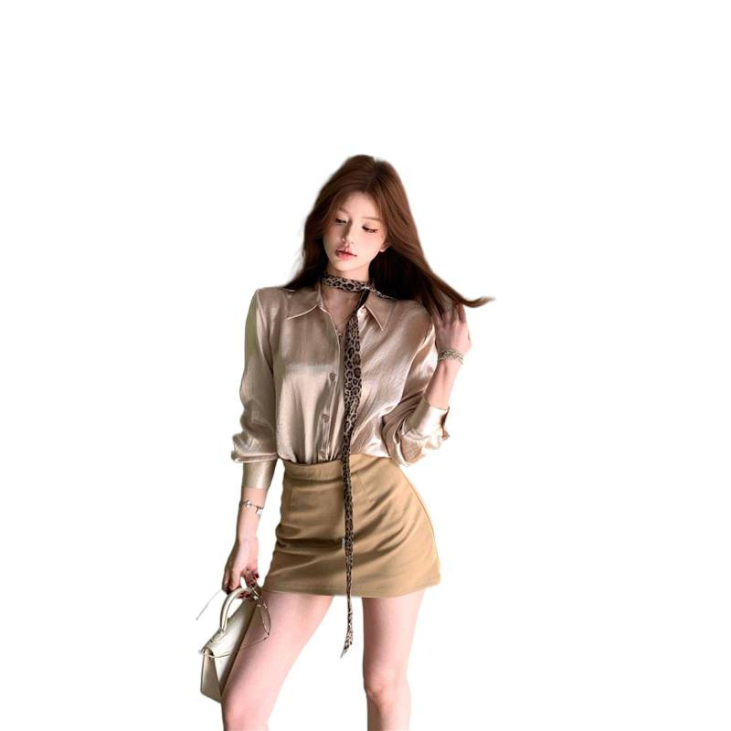 御姐风套装女气质缎面polo领长袖衬衫女秋季高级感显瘦短裙两件套|undefined