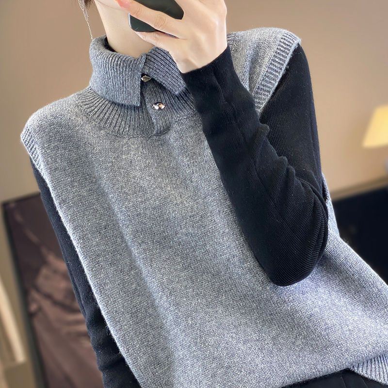 Nuevo chaleco de cuello alto de otoño y invierno chaleco de punto de moda de color sólido con hombros suéteres sueltos sin mangas
