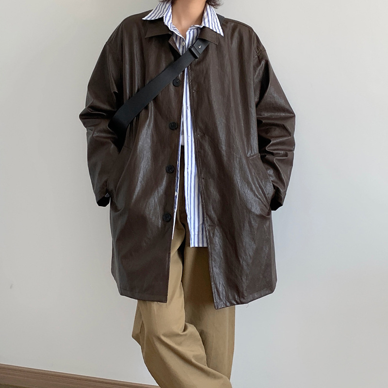 Autumn New Thin Coat Japanese Retro Mid-length PU Leather Men's Loose Casual Solid Color Fashion Coat