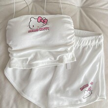 2025夏季新款睡衣女款条纹短裤休闲吊带背心可爱kt猫辣妹家居服