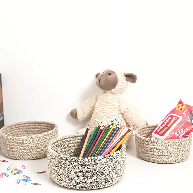 Cesta de almacenamiento estilo japonés, cuerda de algodón, imitación ratán, cesta tejida de lino, cesta de almacenamiento para el hogar y la oficina, almacenamiento para el hogar