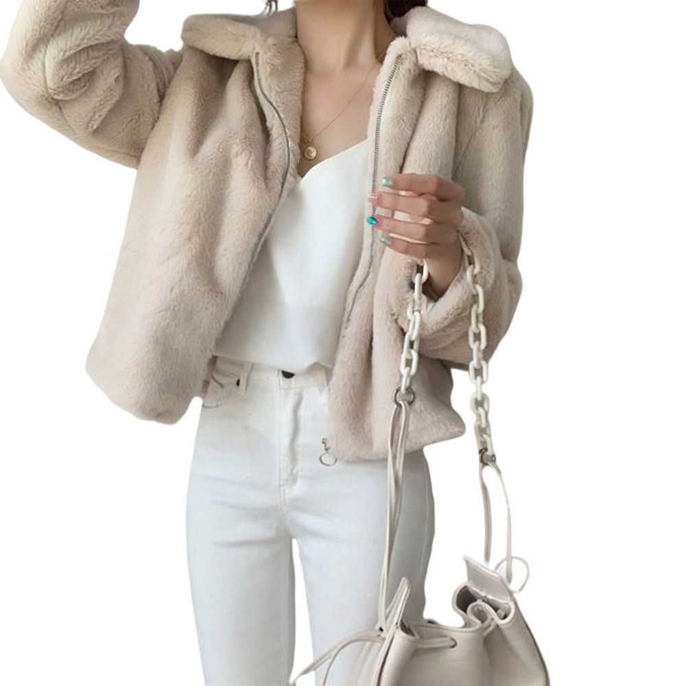 Damen Revers verdickter warmer Plüschmantel Kunstpelzmantel_voghion.com