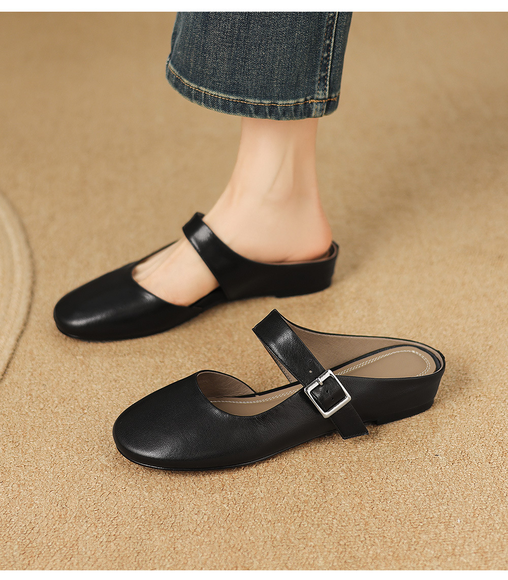 Sandal nữ quai chữ V đế bệt mũi tròn hở gót — đen chi tiết 9