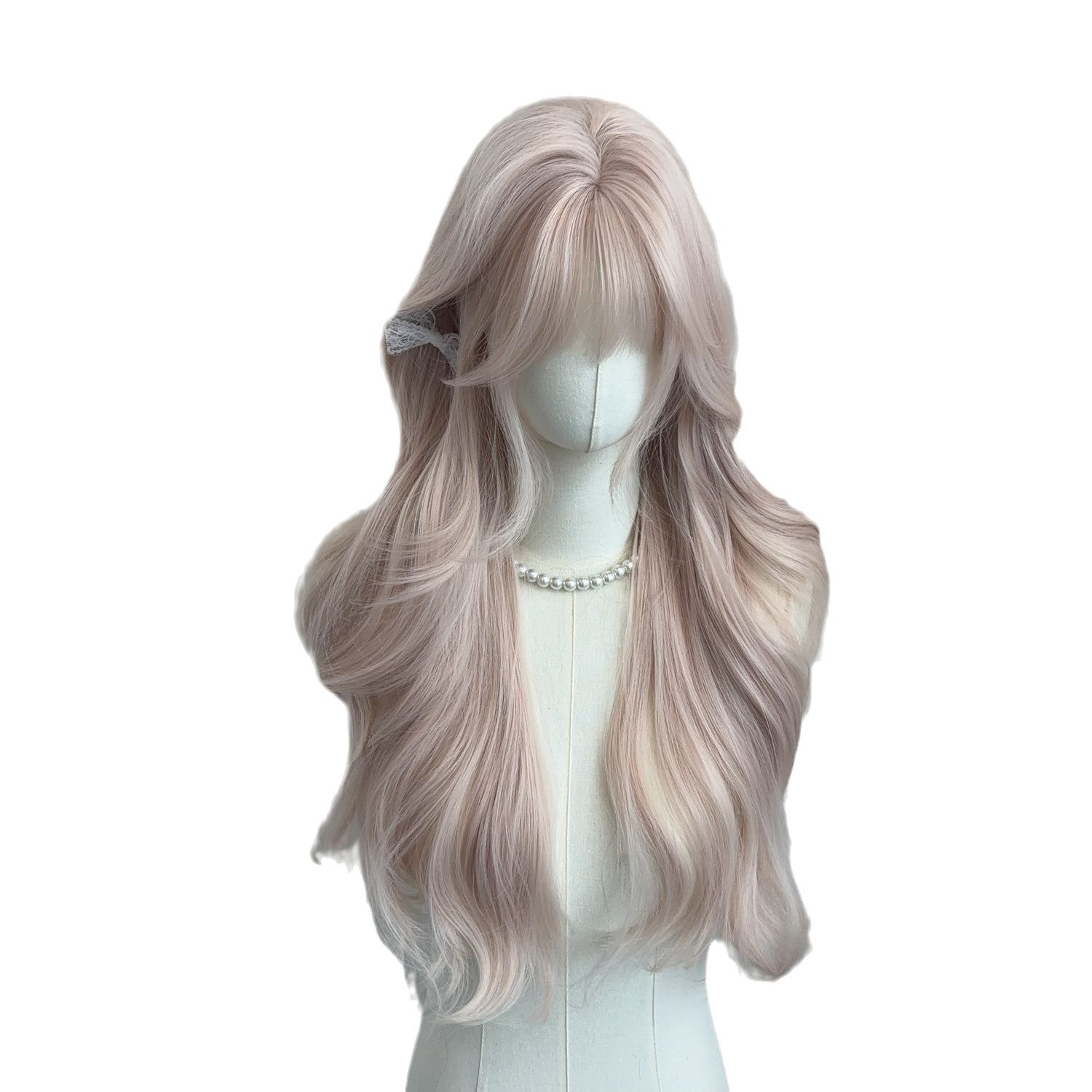 Koni 女性用ウィッグ – マットピンクゴールドカールと前髪付きピンクロングヘア、ナチュラル和風フルヘッドコスチューム