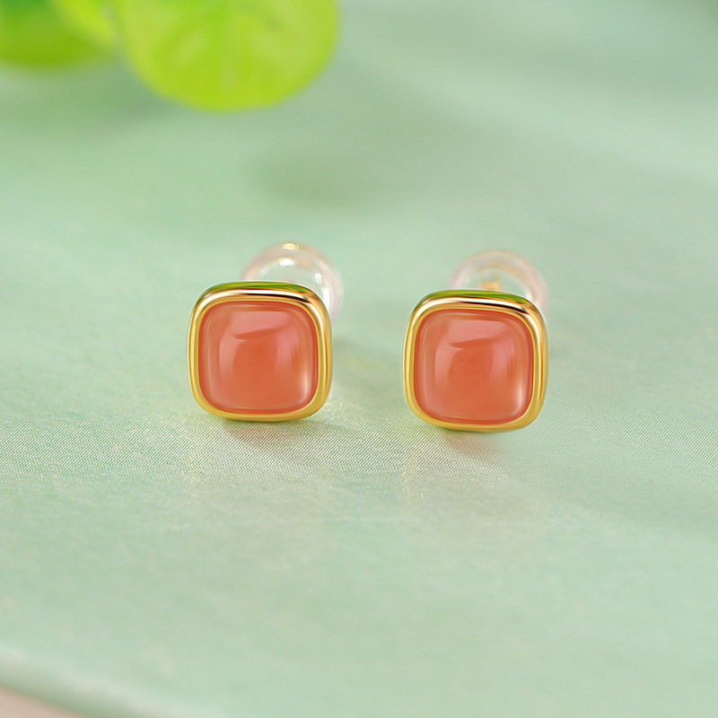 Bông tai bạc S925 mạ vàng hồng hình vuông đính đá kim cương phong cách retro — Kiểu cỡ nhỏ
