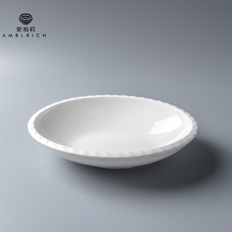 厂家批发厚唇编织椭圆形深盘简约9寸凉拌无骨鸡爪碗后厨白瓷餐具|ru