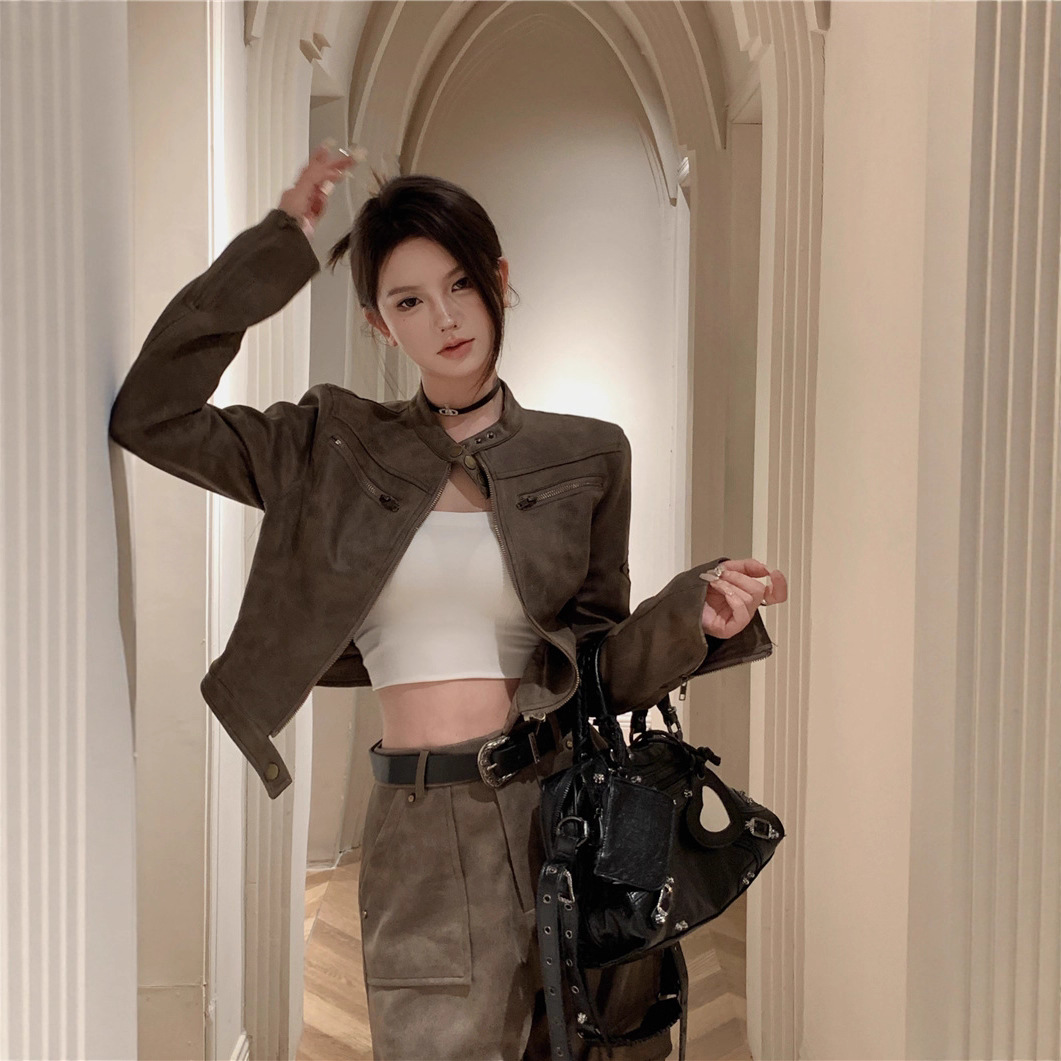 American Retro Autum Short Motorcycle Jacket for Women Spring and Autum 2025 New Suede Brown Handsome and Cool Jacket