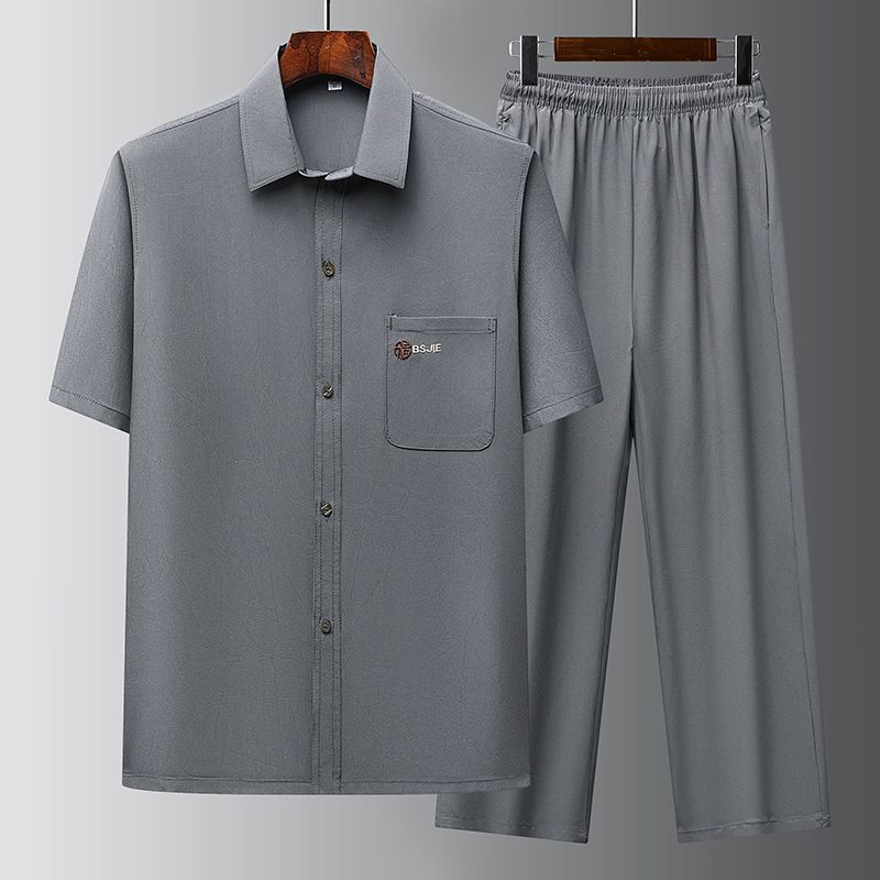 Middle-aged and elderly Ice Silk Short-sleeved Shirt Summer Dad suit Summer Clothes Grandpa Clothes Loose Men's Shirt for the Elderly