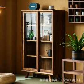 老榆木餐边柜带玻璃门酒柜客厅装饰摆件茶具收纳架靠墙储物柜斗柜
