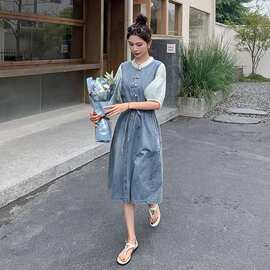 牛仔拼接连衣裙女夏季薄款2026年新款复古盘扣气质旗袍领中长裙子