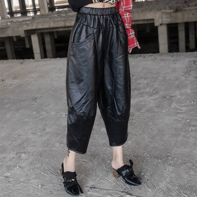 Осень-зима 202, новые модные кожаные брюки, женские утягивающие однотонные брюки с эластичной резинкой на талии из искусственной кожи с девятью точками, модные повседневные, самые легкие для сочетания