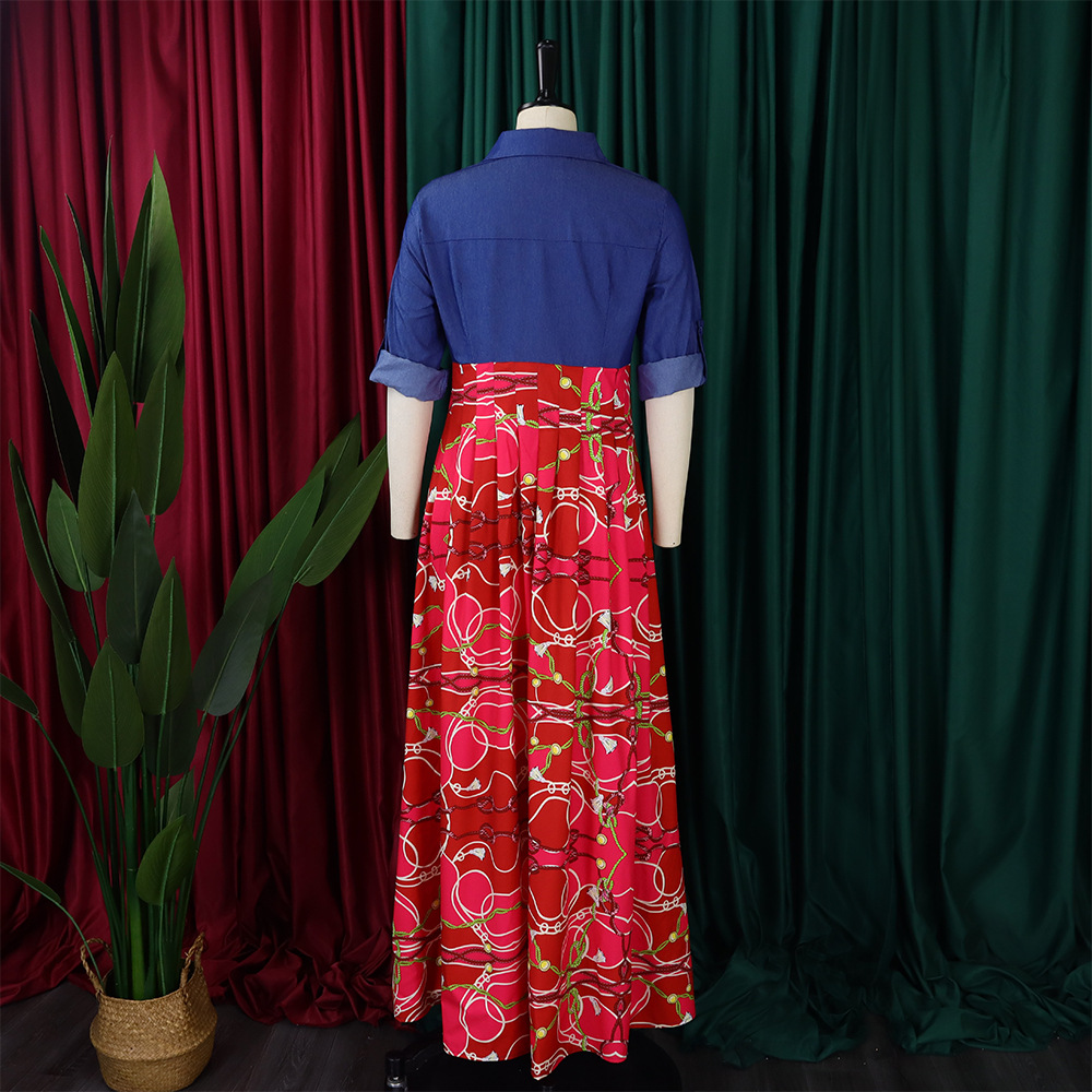 Abito da sera lungo da donna con stampa e dettagli in denim_voghion.com