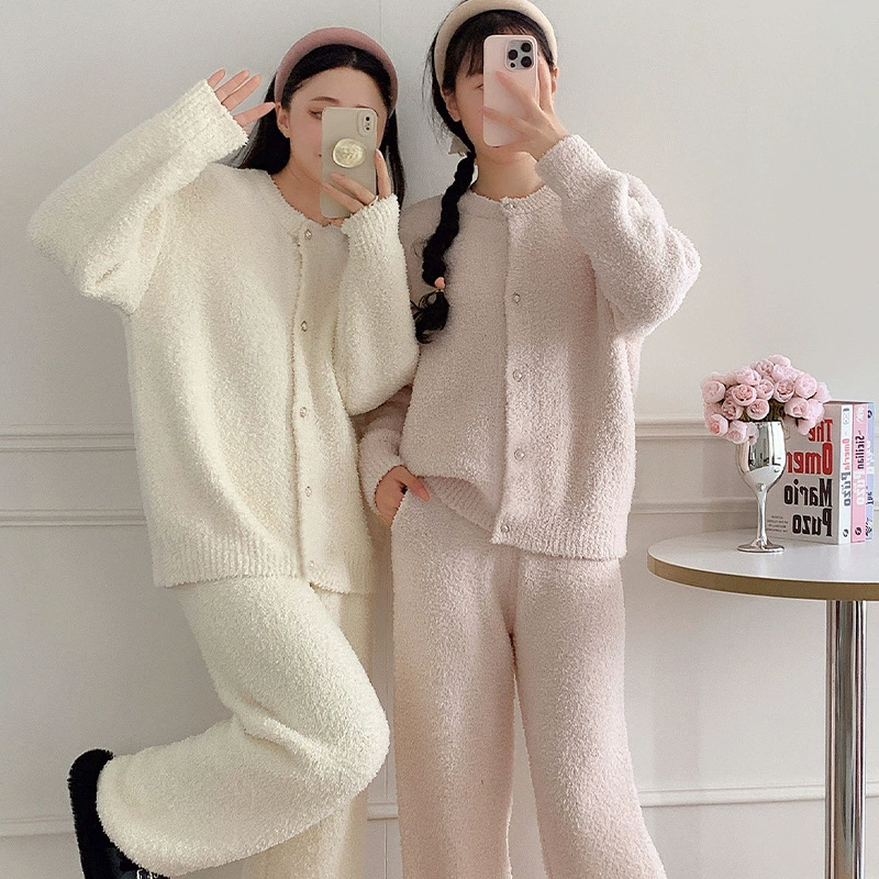 Осень и зима толстая, милая нежная и сплошной цвет дамы мягкие хлопчатобумажные пижамы