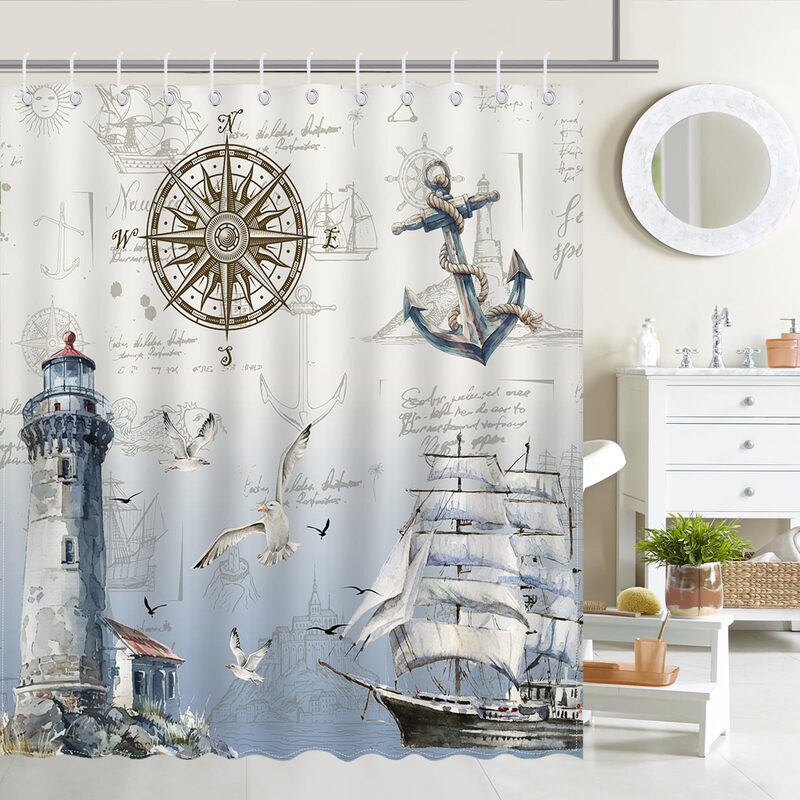 Nautical Sailing Shower Curtain Lighthouse Compass Anchor Bathroom Shower Curtain Nautical Coastal Waterproof Shower Curtain Decor with Hooks Nautical Sailing Shower Curtain Lighthouse Compass Anchor Bathroom Shower Curtain Nautical Coastal Waterproof Shower Curtain Decor with Hooks