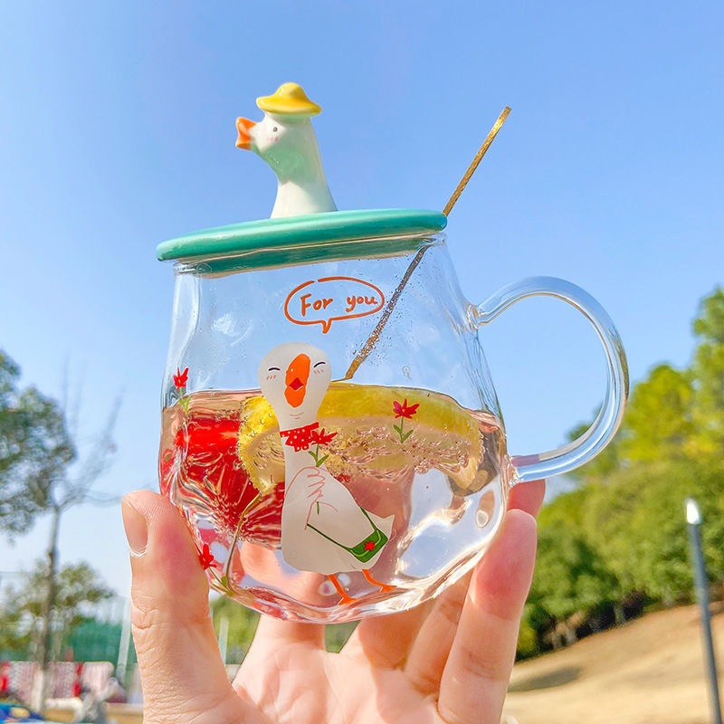 Pato de dibujos animados creativo taza de cristal transparente con tapa cuchara taza estudiante regalo personalizado taza de beber