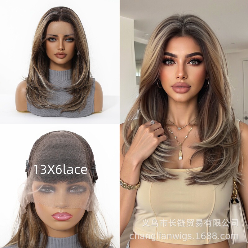 European and American Wig Lace Wig 13X6 Large Area Highlighted Brown Curly Hair Light and Breathable Fashionable High-Level Layered Wig European and American Wig Lace Wig 13X6 Large Area Highlighted Brown Curly Hair Light and Breathable Fashionable High-Level Layered Wig