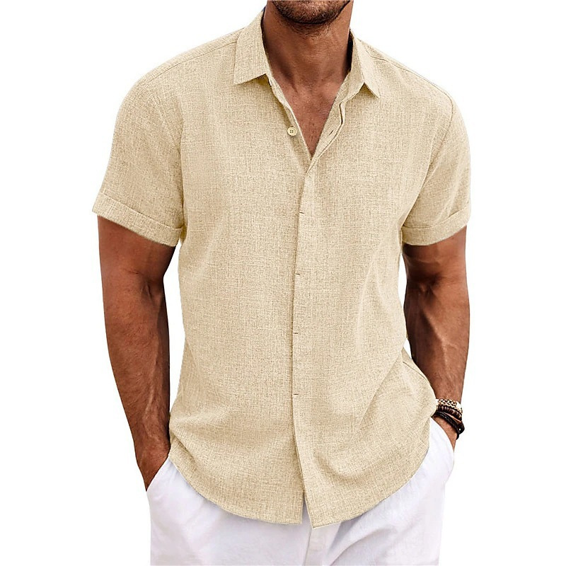 Camicia da uomo in cotone e lino, a maniche corte, tinta unita, con doppia abbottonatura, per il commercio estero transfrontaliero_voghion.com