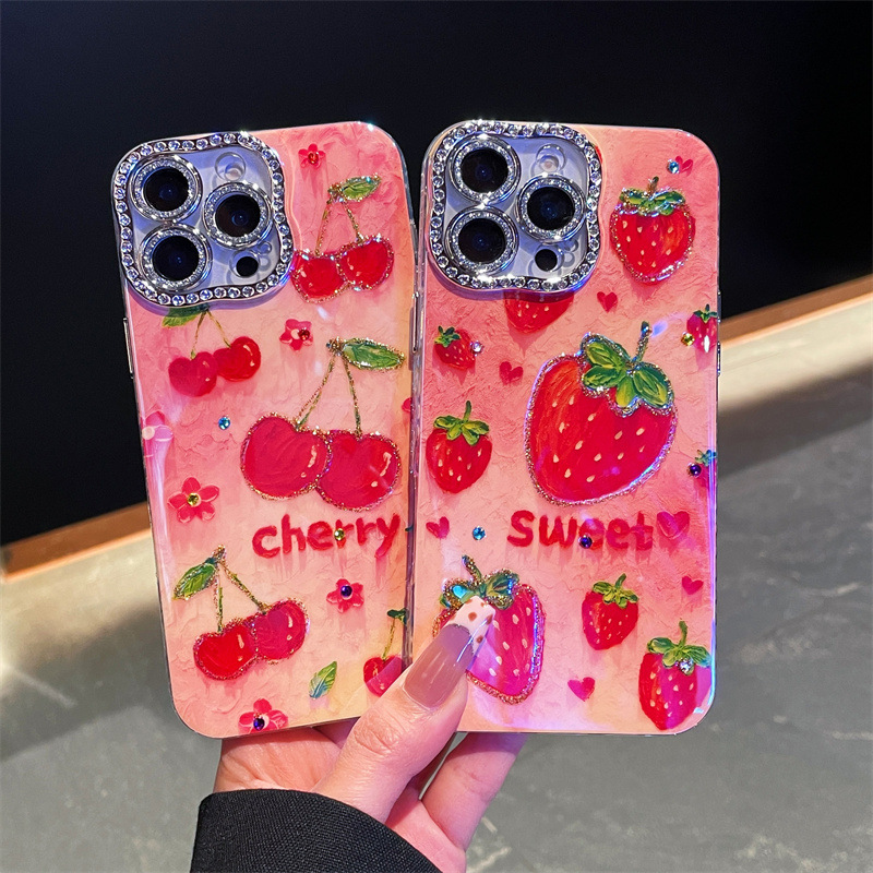 Fruit Strawberry Cherry iPhone16promax Phone Case 13 Apple 15plus Twisted Photo Frame Flash Drill